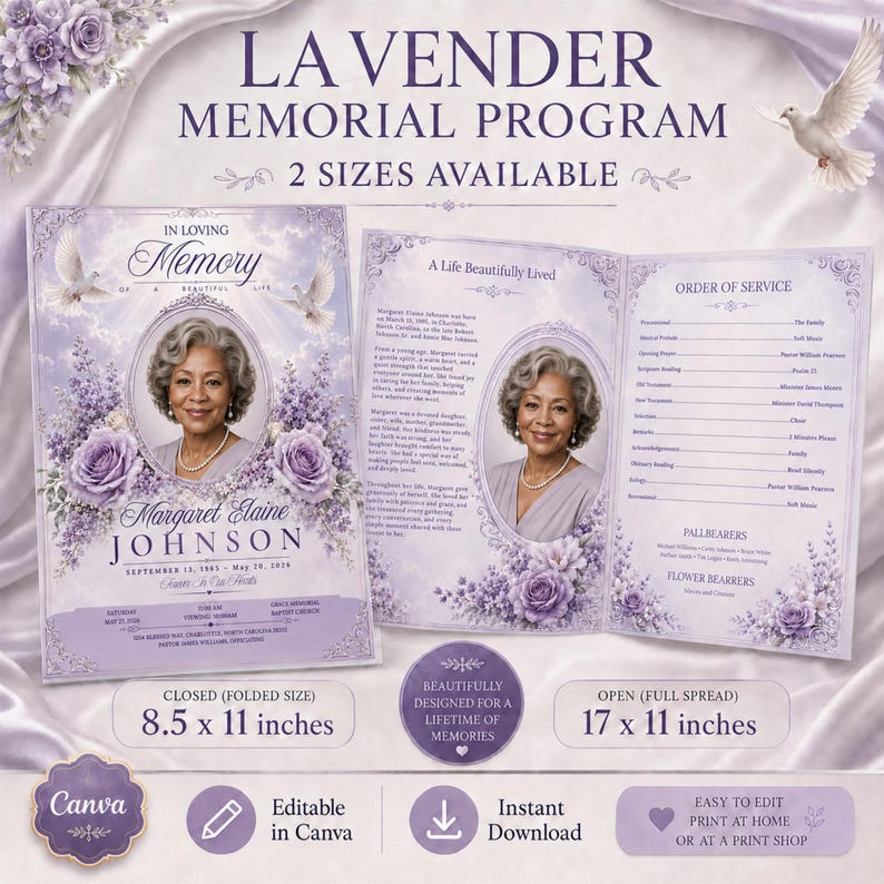 May include: A lavender-themed memorial program template featuring a portrait of a woman, floral accents, and white doves. The design includes text fields for service details, an order of service, and biographical information, with sizes 8.5 x 11 inches.