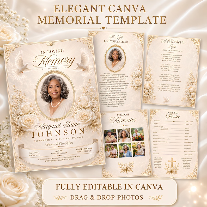 May include: A set of memorial templates featuring cream-colored backgrounds with gold floral borders, white roses, and doves. The designs include text fields for names, dates, service details, and photo frames, with the title Elegant Canva Memorial Template.