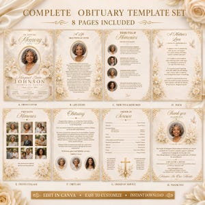 May include: A complete obituary template set featuring eight pages with a cream and gold floral design. The pages include a front cover, life story, tributes, poem, photo collage, obituary text, order of service, and a thank you card.
