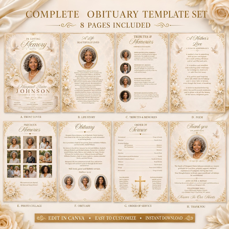 May include: A complete obituary template set featuring eight pages with a cream and gold floral design. The pages include a front cover, life story, tributes, poem, photo collage, obituary text, order of service, and a thank you card.