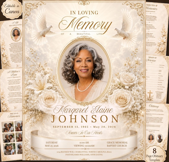 White Gold Funeral Program Template, Editable Canva Obituary Template, 8 Page Memorial Program, Celebration of Life
