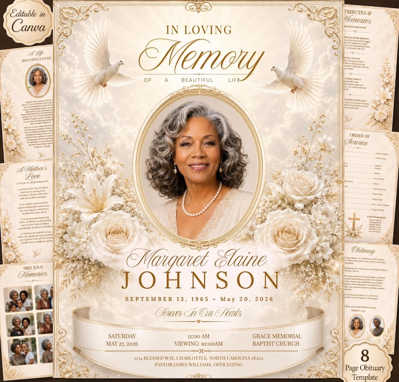 May include: A funeral program template featuring a portrait of a person with gray hair, surrounded by cream-colored roses, lilies, and two white doves. The text reads In Loving Memory, Margaret Elaine Johnson, September 13, 1965 - May 20, 2026.