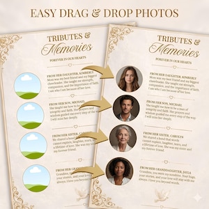 May include: A Tributes & Memories memorial template featuring gold ornate borders, the text 'EASY DRAG & DROP PHOTOS', 'TRIBUTES & MEMORIES', and 'FOREVER IN OUR HEARTS'. It includes circular placeholders for photos and written tributes from family members.