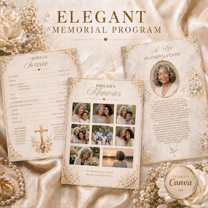 May include: Three memorial program templates with cream backgrounds, gold floral borders, and elegant typography. The designs feature sections for order of service, a biography, and photo collages. Text includes ELEGANT MEMORIAL PROGRAM.