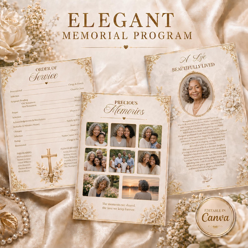 May include: Three memorial program templates with cream backgrounds, gold floral borders, and elegant typography. The designs feature sections for order of service, a biography, and photo collages. Text includes ELEGANT MEMORIAL PROGRAM.