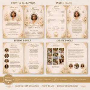 May include: A funeral program template featuring a vintage cream background with gold floral borders. It includes sections for photos, obituary text, order of service, and tributes. The design displays text such as In Loving Memory, A Life Beautifully Lived, and Precious Memories, with placeholders for names and dates.