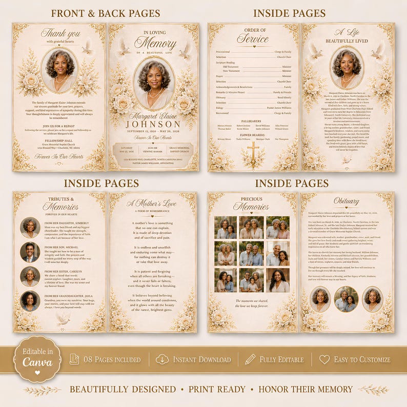May include: A funeral program template featuring a vintage cream background with gold floral borders. It includes sections for photos, obituary text, order of service, and tributes. The design displays text such as In Loving Memory, A Life Beautifully Lived, and Precious Memories, with placeholders for names and dates.