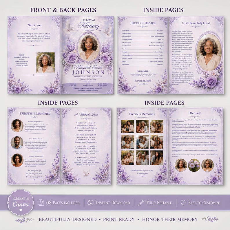 May include: A funeral program template featuring a light purple floral theme with lavender roses and doves. The layout includes sections for a photo, obituary, order of service, and tributes, with text detailing the life of Margaret Elaine Johnson.