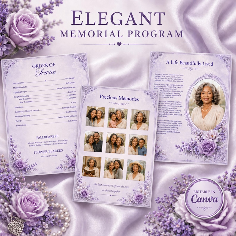 May include: A memorial program template set in shades of light purple featuring floral accents, text reading Elegant Memorial Program, Order of Service, Precious Memories, and A Life Beautifully Lived, with photo placeholders and an Editable in Canva badge.