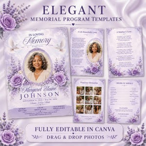 May include: A set of purple memorial program templates featuring lavender floral accents, white doves, and cloud backgrounds. The designs include placeholders for photos, text, and service details, with the text ELEGANT MEMORIAL PROGRAM TEMPLATES.