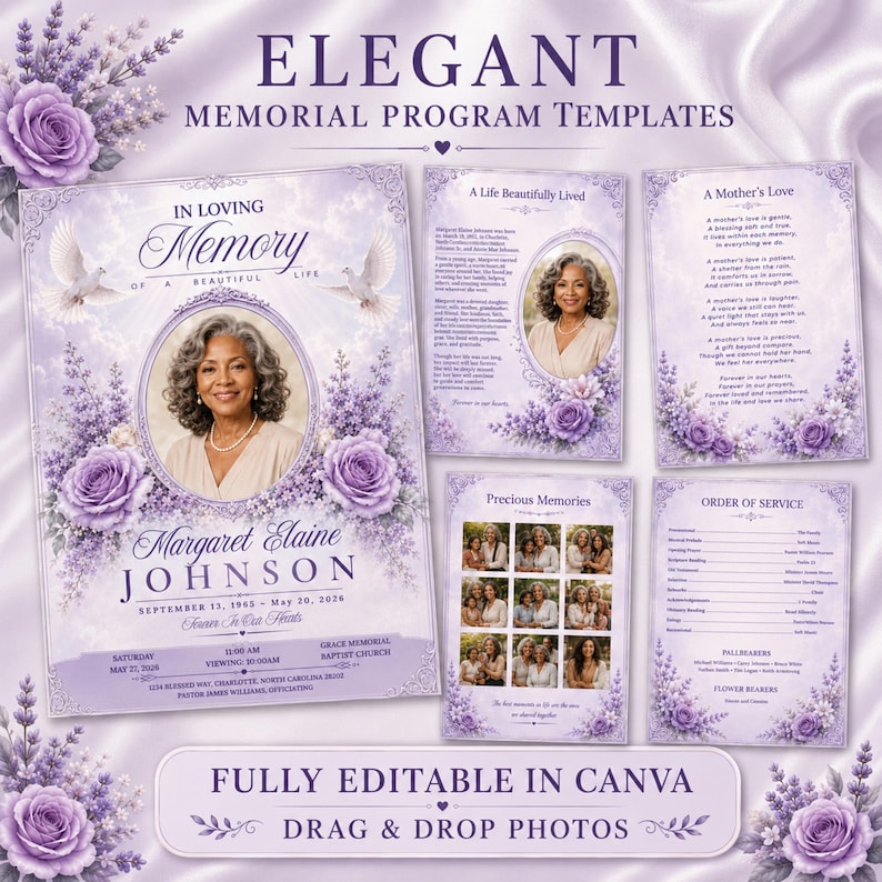 May include: A set of purple memorial program templates featuring lavender floral accents, white doves, and cloud backgrounds. The designs include placeholders for photos, text, and service details, with the text ELEGANT MEMORIAL PROGRAM TEMPLATES.