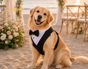 Dog Tuxedo Harness, Formal Wedding Suit with Bow Tie, Adjustable Pet Harness Costume for Small Medium Large Dogs