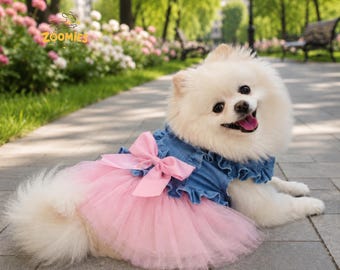 Denim Tutu Princess Pet Dress, Pink Tulle Skirt, Small Dog Wedding Outfit