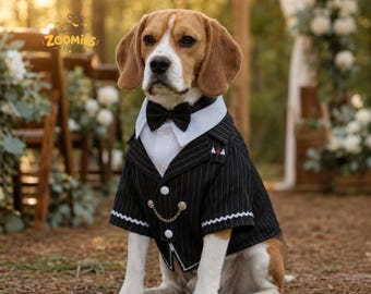 Black Striped Dog Tuxedo, Gentleman Pet Suit with Bow Tie, Wedding Costume
