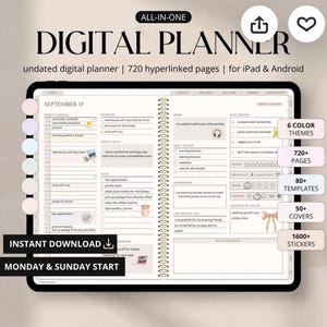 Pode incluir: Um planejador digital tudo-em-um exibido em uma tela de tablet, com 720 páginas com hiperlinks, 80 modelos, 50 capas e 1600 adesivos. A interface inclui uma agenda diária para 17 de setembro, rastreadores de hábitos, registros de refeições e temas.
