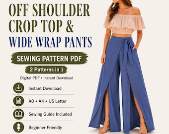 Conjunto de verão feminino de duas peças com top cropped ombro a ombro com babados e calça pantalona (PDF para download)