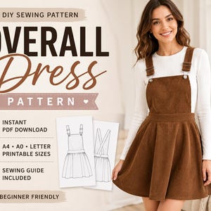 Peut inclure: Une robe chasuble en velours côtelé marron avec une jupe évasée, une encolure carrée et des bretelles réglables avec boucles métalliques. L'image contient le texte : DIY SEWING PATTERN, OVERALL DRESS PATTERN, INSTANT PDF DOWNLOAD, A4, A0, LETTER PRINTABLE SIZES, SEWING GUIDE INCLUDED, BEGINNER FRIENDLY.