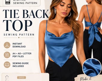 Molde para blusa regata com gola drapeada, modelo cropped aberto com amarração nas costas (PDF), ideal para iniciantes na costura de verão.