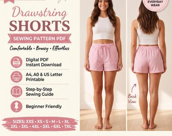 Molde em PDF para costura de shorts com cordão, shorts de perna larga com cintura elástica, tamanhos grandes XXS-7XL.