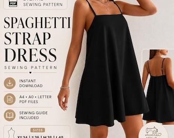 Molde para vestido evasê com alças finas, modelo tenda, em PDF, para iniciantes na costura de verão.