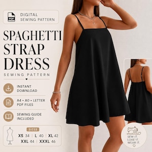 Peut inclure: Une robe courte noire à fines bretelles avec une coupe évasée. L'image contient le texte : DIGITAL SEWING PATTERN, SPAGHETTI STRAP DRESS, SEWING PATTERN, INSTANT DOWNLOAD, A4, A0, LETTER PDF FILES, SEWING GUIDE INCLUDED, SIZES XS 34, L 40, XL 42, XXL 44, XXXL 46.