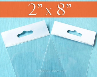 300 2x8 Inch HANG TOP Clear Resealable Cello Bags Packaging for Hanging on Display or Peg (2" x 8")