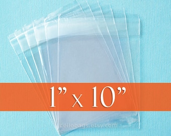 100 Resealable 1x10 inch Clear Cello Bags, 1.8 mil Thick Cellophane OPP Poly Plastic Packaging, Acid Free (1" x 10") with Lip Self Adhesive