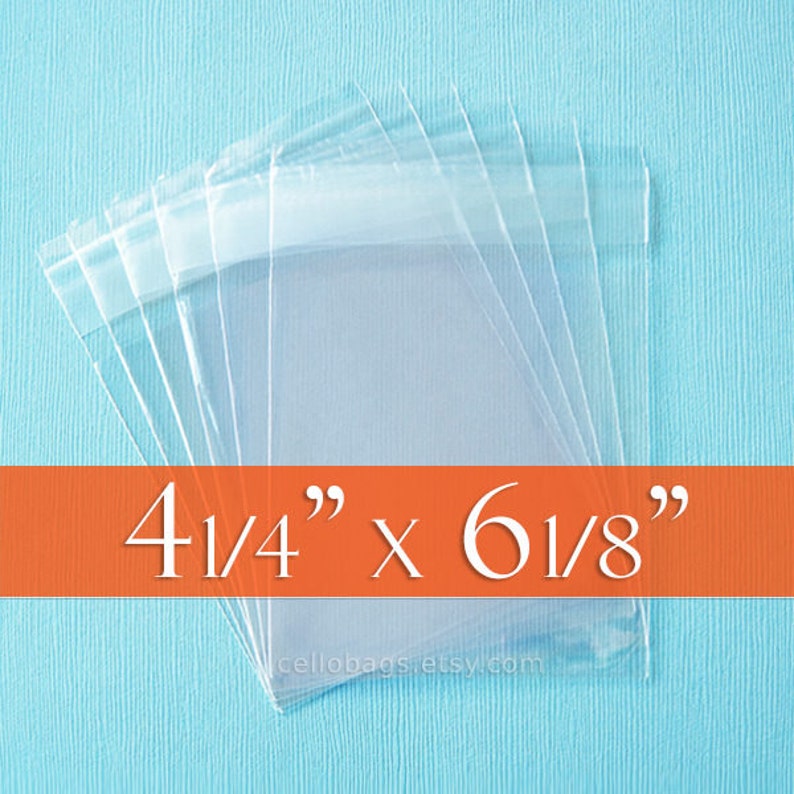 100 4 1/4 x 6 1/8 Inch Resealable Cello Bags for 4 x 6 Cards, Postcard Packaging, Tape on Lip image 1