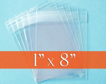 Set of 100, 1 x 8" Inch Resealable Clear Cello Bags, 1.6 mil