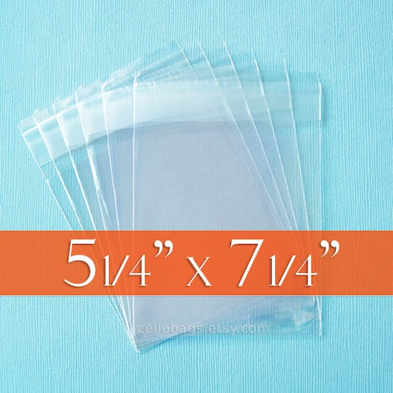 100 Cello Bags: 5 1/4 x 7 1/4 Inch; Clear & Resealable, Acid Free, for 5 x 7 Photos, Tape on Flap. (5.25" x 7.25") Holds 6-8 A6 card sets