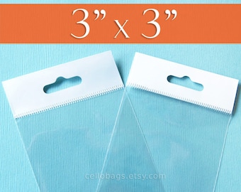 100,  3 x 3 Inch HANG TOP Clear Self Adhesive Cello Bags  for Jewelry Display, OPP