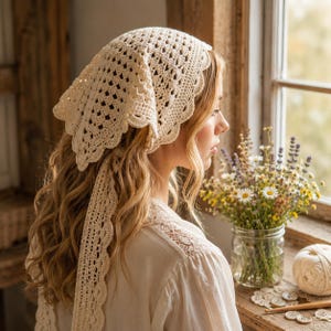 May include: An off-white crochet headscarf featuring a delicate openwork diamond pattern and a scalloped edge. The triangular head covering includes long, matching crochet ties that drape down the sides, crafted with intricate needlework detail.