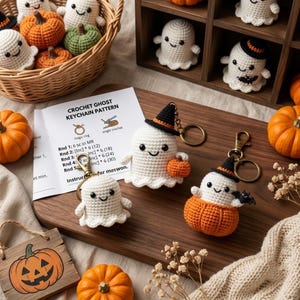 May include: Three crocheted ghost keychains with bronze-toned hardware. One ghost wears a black witch hat and holds a small orange pumpkin, another is plain, and the third sits inside a larger orange pumpkin with a small black bat attached.