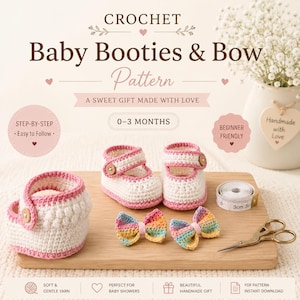 Easy Crochet Baby Booties Pattern PDF, Baby Shoes with Bow, Newborn Booties, 0-3 3-6 Months, Beginner Crochet Tutorial