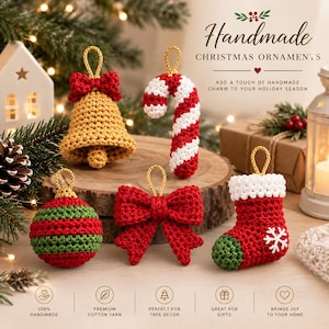 May include: Five handmade crochet Christmas ornaments including a gold bell with a red bow, a red and white candy cane, a green and red striped ball, a red bow, and a red stocking with a white cuff and snowflake, all with gold hanging loops.