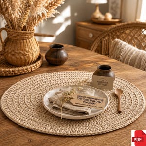 Puede incluir: Un mantel individual redondo de ganchillo beige con un plato de cerámica, una servilleta de lino doblada, una cuchara de madera pequeña y una etiqueta de papel que dice CROCHET PATTERN MOCKUP: THE OAKLEIGH OVAL PLACEMAT, Digital Download, Level: Beginner.