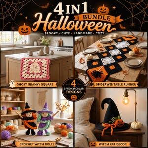 Puede incluir: Un conjunto de Halloween 4 en 1 que incluye un cuadrado granny de fantasma rosa y crema, un camino de mesa de telaraña negro y naranja, dos muñecas brujas de ganchillo en naranja y morado, y un sombrero de bruja negro con una calabaza.