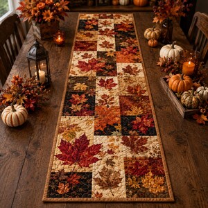 May include: A rectangular quilted table runner featuring a patchwork design of autumn maple leaves in shades of red, orange, yellow, brown, and black. The fabric has a textured appearance with a solid brown border framing the leaf-patterned squares.