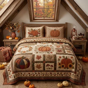 Fall Pumpkin Bedding Set, Autumn Patchwork Comforter, Vintage Harvest Quilt, Cozy Farmhouse Thanksgiving Bedroom Decor
