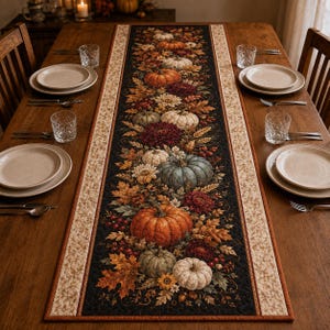 Puede incluir: Un camino de mesa rectangular con un panel central negro decorado con un estampado de cosecha otoñal de calabazas naranjas, verdes y blancas, bayas rojas y hojas de otoño, bordeado por una tela beige claro con un sutil patrón floral.