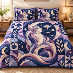 Celestial Cat Bedding Set, Moon and Stars Cat Quilt, Purple Blue Patchwork Bedspread, Mystical Cat Lover Bedroom Decor