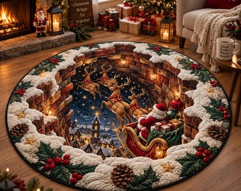 Christmas Santa Round Quilted Rug, Reindeer Sleigh Optical Illusion Rug, Winter Wonderland Floor Mat, Christmas Holiday Home Decor