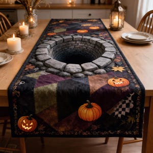 May include: A rectangular fabric table runner featuring a 3D-style print of a stone well opening in the centre, surrounded by a patchwork pattern of dark autumn colours, orange jack-o'-lanterns, and scattered fall leaves on a black background.