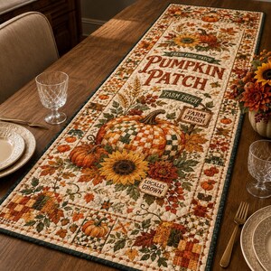 May include: A rectangular quilted table runner featuring an autumnal print with pumpkins, sunflowers, and autumn leaves. The text reads PUMPKIN PATCH, FARM FRESH, and LOCALLY GROWN. The design includes a checkered pumpkin pattern and a dark border.