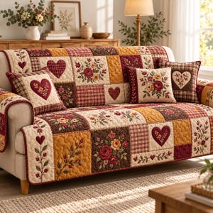 May include: A quilted sofa cover featuring a patchwork design of cream, mustard yellow, and deep red squares. The pattern includes embroidered floral bouquets, red heart motifs, and plaid fabric sections. Two matching square throw pillows are included.