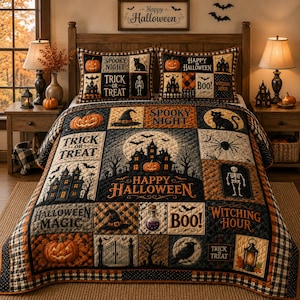 May include: A Halloween-themed quilt and two matching pillow shams featuring a patchwork design with orange, black, and cream colors. The fabric displays illustrations of pumpkins, haunted houses, skeletons, black cats, bats, and text like Happy Halloween.