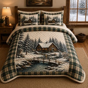 Könnte beinhalten: Eine gesteppte Tagesdecke und zwei passende Kissenbezüge mit einer Winterlandschaft, die eine Blockhütte, schneebedeckte Tannen und eine Holzbrücke über einen Bach zeigt. Die Bettwäsche hat eine cremefarbene Mitte mit einem dunkelgrünen Karomuster.