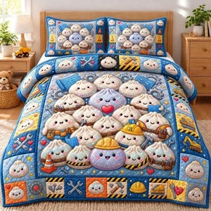 Op de afbeelding: Een blauwe quilt en twee bijpassende kussenslopen met een herhalend patroon van cartoon-dumplings met gezichtjes, bouwwerktuigen, veiligheidshelmen en blauwdrukken. Het ontwerp bevat gele en blauwe randen met kleine dumpling-iconen.