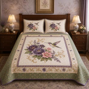 May include: A quilted bedspread and two matching pillow shams featuring a cream-colored center panel with a printed design of purple and pink peonies, green foliage, and a hummingbird. The border is sage green with a purple floral trim.