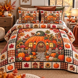 Pompoenbeddengoedset, herfstdekbed met pompoenmotief, patchworkdesign met zonnebloemen in herfststijl, gezellige slaapkamerdecoratie in boerderijstijl, beddengoed met oogstthema